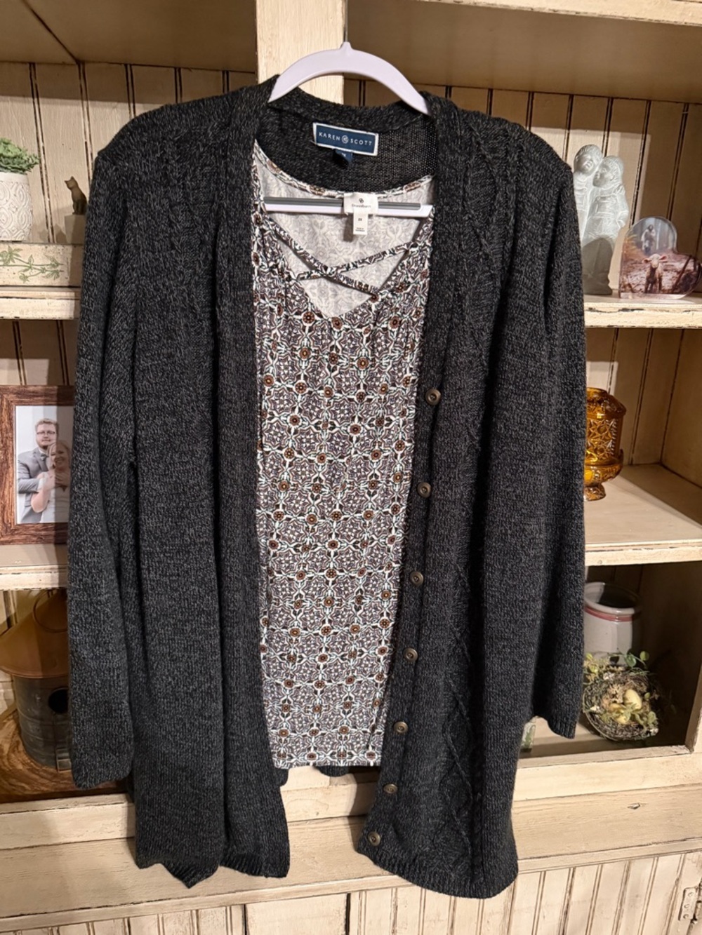 Karen Scott Dark Charcoal Gray Button-Cardigan & Adorable Tank